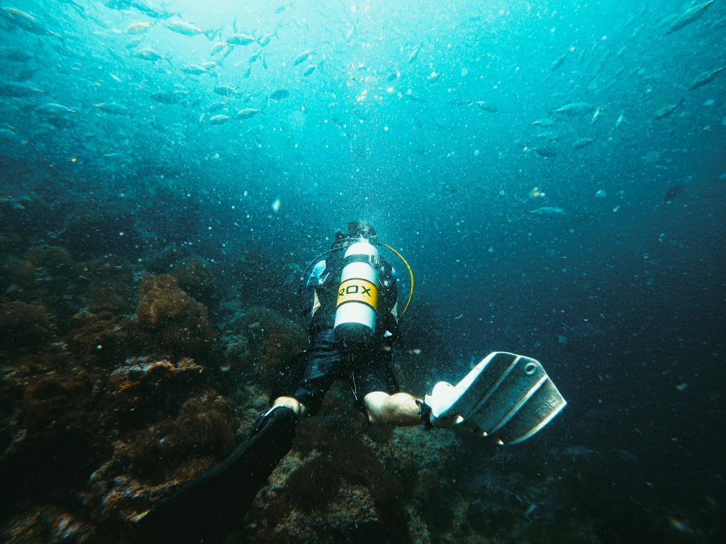 Scuba diver exploring a reef with fish